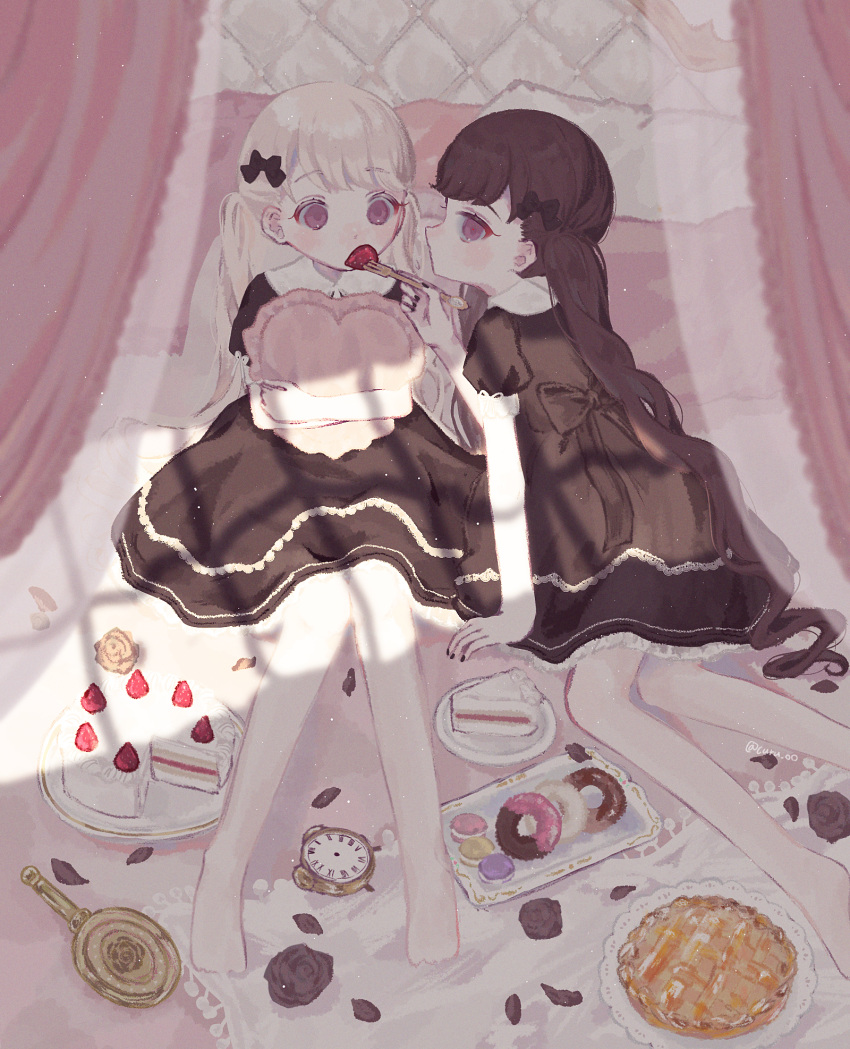 2girls alarm_clock back_bow black_bow black_dress black_flower black_hair black_nails black_rose bow cake clock commentary_request contrast_collar curusucururi donut dress feeding flower food fork fruit hair_bow hand_mirror highres holding holding_fork indoors lolita_fashion long_hair looking_at_object looking_at_viewer looking_down looking_to_the_side macaron mirror multiple_girls nail_polish on_bed original pantyhose petals pie pillow plate puffy_short_sleeves puffy_sleeves purple_eyes rose short_sleeves sitting strawberry strawberry_shortcake swept_bangs tray twintails twitter_username very_long_hair white_hair white_pantyhose window_shadow