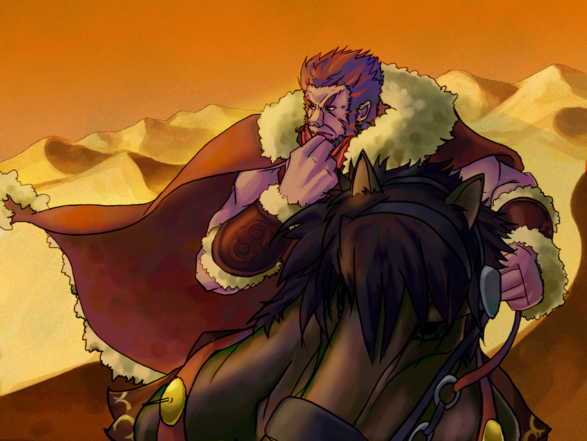 armor beard bucephalus cape desert facial_hair fate/zero fate_(series) hand_on_own_chin highres horse male_focus red_eyes red_hair rider_(fate/zero) riding sand solo yuzuki_ai