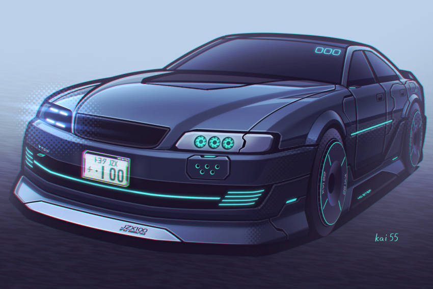 artist_name black_car car cyberpunk glowing grey_background kai55 license_plate motor_vehicle no_humans original road science_fiction shadow simple_background spoiler_(automobile) street toyota toyota_chaser vehicle_focus
