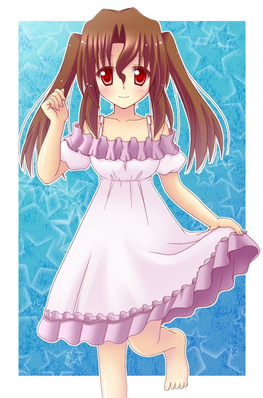 alternate_hairstyle bad_id bad_pixiv_id barefoot brown_hair dress dress_lift hayate_no_gotoku! highres hinata_mirun long_hair maria_(hayate_no_gotoku!) red_eyes solo twintails