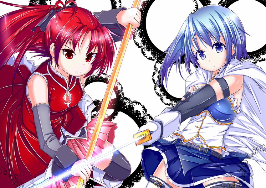 bare_shoulders black_legwear blue_eyes blue_hair boots cape detached_sleeves frown gloves glowing hair_ribbon long_hair mad_(hazukiken) magical_girl mahou_shoujo_madoka_magica miki_sayaka multiple_girls pleated_skirt polearm ponytail red_eyes red_hair ribbon sakura_kyouko short_hair skirt spear sword thigh_boots thighhighs weapon zettai_ryouiki