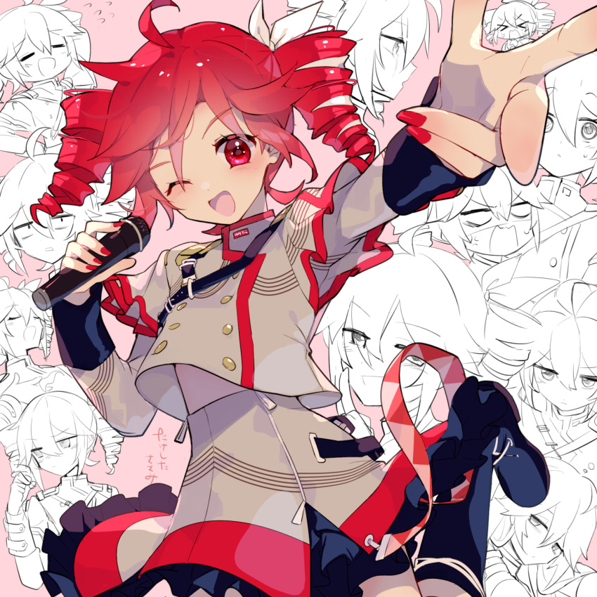 1girl ;d ahoge buttons character_backpack double-breasted drill_hair frilled_skirt frills grey_jacket grey_shirt grey_skirt hands_up highres holding holding_microphone jacket kasane_teto kasane_teto_(utau) long_sleeves looking_at_viewer microphone midriff_peek musical_staff musical_staff_print one_eye_closed open_mouth outstretched_arm red_eyes red_hair red_nails red_trim shirt shoulder_belt shoulder_boards skirt smile solo standing standing_on_one_leg torino_sasami twin_drills utau