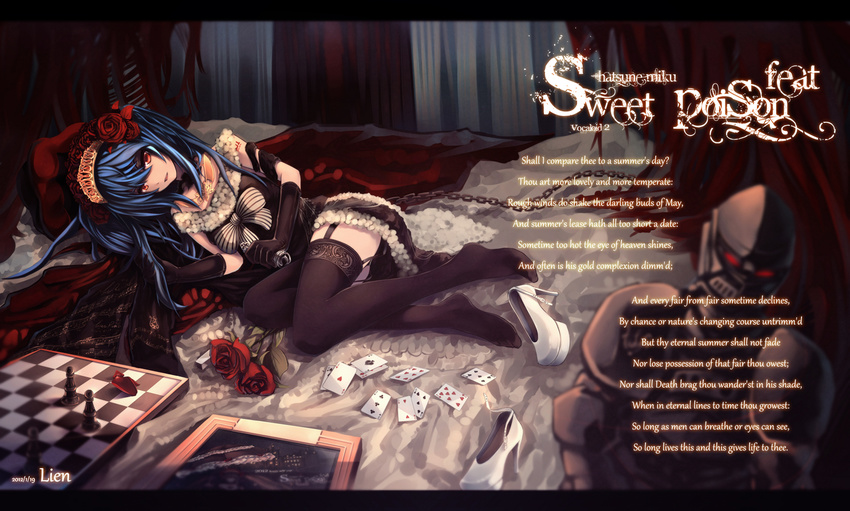 aqua_hair armor banned_artist bed board_game card chess english eva200499 flower garter_straps hair_flower hair_ornament hatsune_miku long_hair looking_at_viewer lying on_side red_eyes rose shoes solo thighhighs twintails vocaloid william_shakespeare