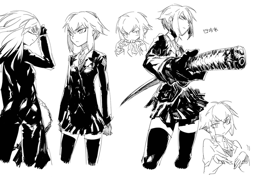 character_sketch gloves katana monochrome school_uniform sword uniform weapon
