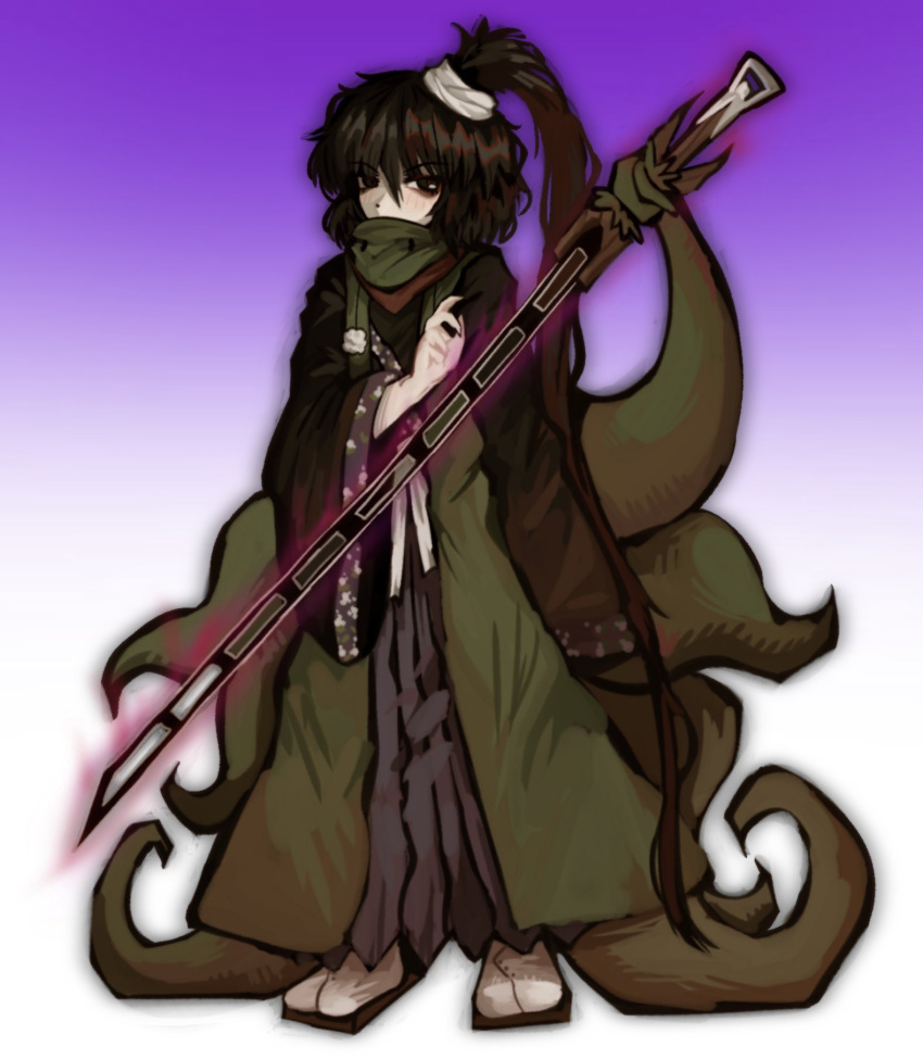 1other absurdly_long_hair adagumo_no_yaorochi androgynous bags_under_eyes black_eyes black_hair black_kimono blue_hakama bottle_opener brown_sandals coat commentary covered_mouth dot_nose double-parted_bangs english_commentary expressionless full_body gradient_background green_coat green_scarf gzpxllztt hair_between_eyes hair_ornament hair_scrunchie hakama hakama_skirt high_side_ponytail highres holding holding_sword holding_weapon japanese_clothes jinbaori kimono len'en long_hair long_hair_between_eyes long_sleeves looking_at_viewer messy_hair multiple_tails other_focus pale_skin pom_pom_(clothes) prehensile_tail purple_background red_scarf sandals scarf scrunchie short_kimono simple_background skirt sleeves_past_fingers sleeves_past_wrists snake_tail socks solo standing sword sword_of_kusanagi tabi tail tasouken two-tone_background very_long_hair weapon white_background white_scrunchie white_socks wide_sleeves