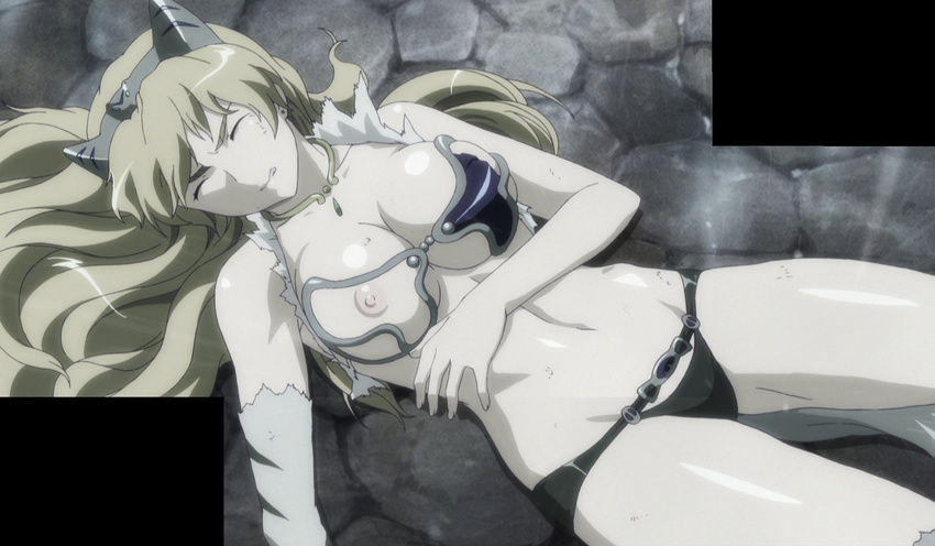 1girl blonde_hair breasts elina eyes_closed highres laying_down long_hair lying queen's_blade queen's_blade screencap solo torn_clothes