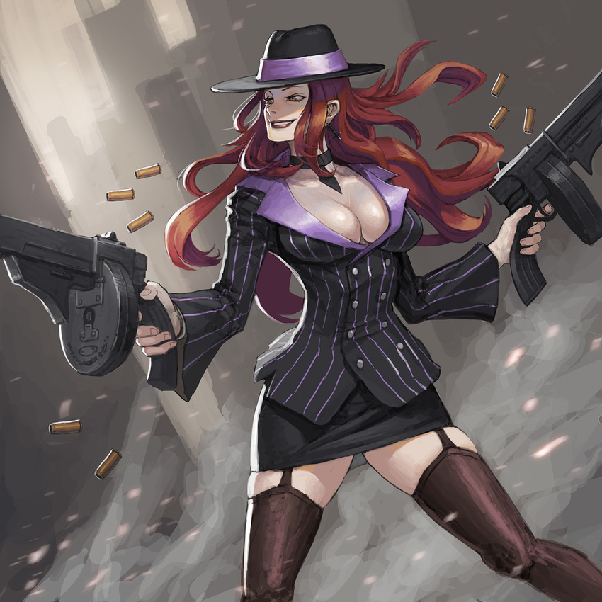 breasts brown_eyes choker cleavage cross cross_earrings earrings formal garter_straps grin gun hat highres jacket jewelry large_breasts league_of_legends lips lipstick long_hair loped mafia_miss_fortune makeup pencil_skirt pinstripe_pattern pinstripe_suit red_hair sarah_fortune shell_casing skirt skirt_suit smile solo striped submachine_gun suit weapon