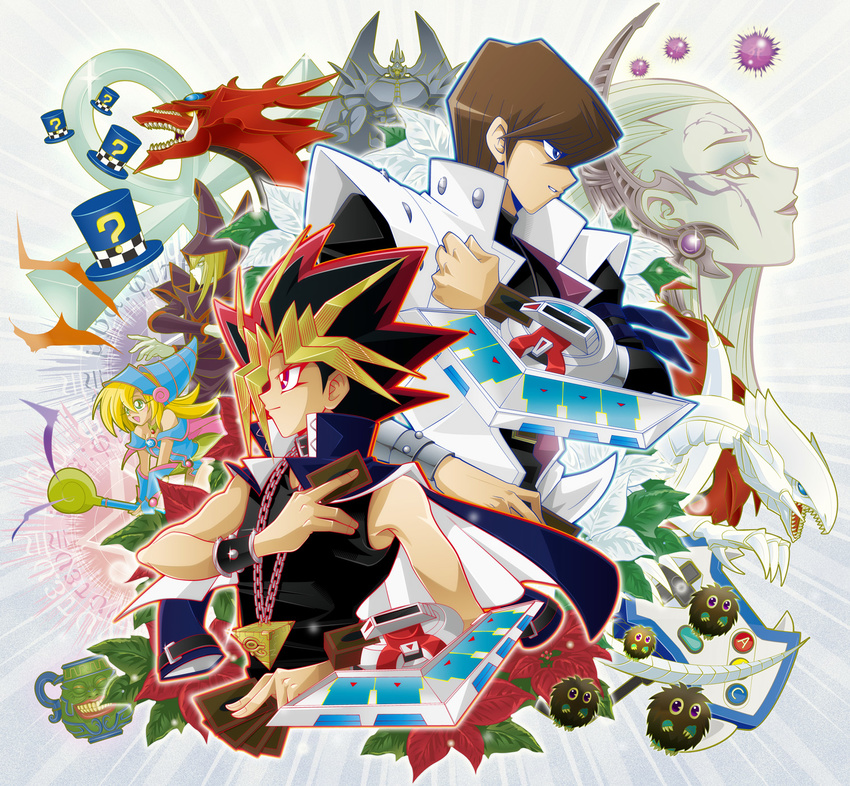 3boys :d ? blonde_hair blue-eyes_white_dragon blue_eyes brown_hair card clenched_hand controller crush_card_virus dark_magician dark_magician_girl duel_disk duel_monster enemy_controller fangs game_controller green_eyes grin gyakutenno_megami hat highres holding holding_card jewelry kaiba_seto kuriboh magical_hats millennium_puzzle monster_reborn multicolored_hair multiple_boys multiple_girls necklace obelisk_the_tormentor open_mouth osiris_the_sky_dragon paw_pose pot_of_greed purple_eyes smile spiked_hair staff summer_tree_(natsuking) teeth wizard_hat yami_yuugi yuu-gi-ou yuu-gi-ou_duel_monsters