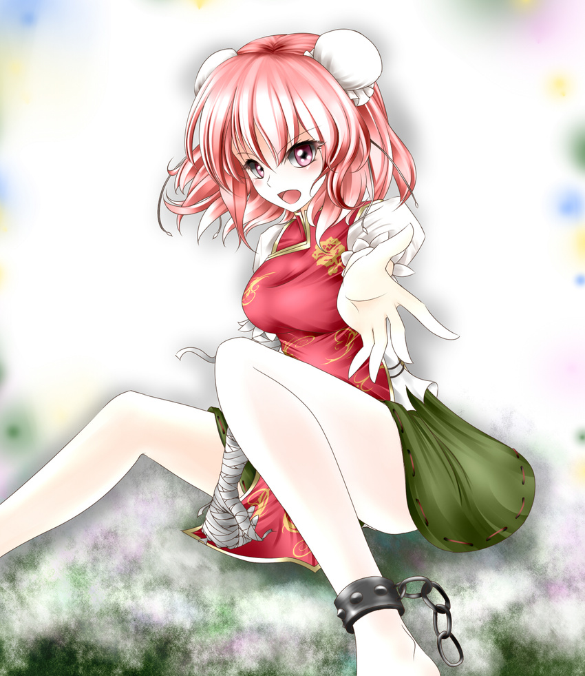 bandages barefoot beckoning blush bun_cover chain chinese_clothes cuffs double_bun eyelashes highres ibaraki_kasen looking_at_viewer open_mouth outstretched_hand parad@_jibaku_rei pink_eyes pink_hair shackles short_hair skirt solo touhou