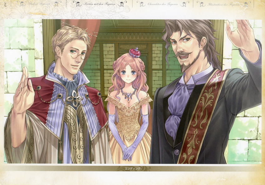 2boys arm_up atelier_(series) atelier_meruru bare_shoulders blonde_hair blue_eyes braid breasts brick_wall brown_eyes brown_hair capelet cleavage curtains dessie_horstna_arls dress elbow_gloves facial_hair formal glasses gloves goatee green_eyes half_updo hat highres jewelry kishida_mel long_hair looking_at_viewer ludwig_giovanni_arland medium_breasts merurulince_rede_arls multiple_boys mustache necklace open_mouth patterned pince-nez short_hair smile suit white_gloves wide_sleeves yellow_dress