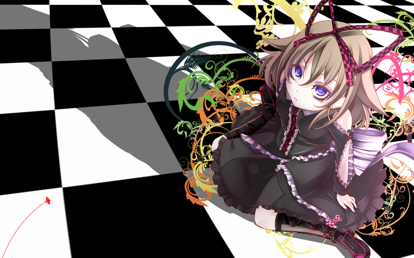 alternate_costume blonde_hair blue_eyes boots checkered checkered_floor hair_ribbon medicine_melancholy mito_(calcomer) nail_polish ribbon short_hair solo touhou