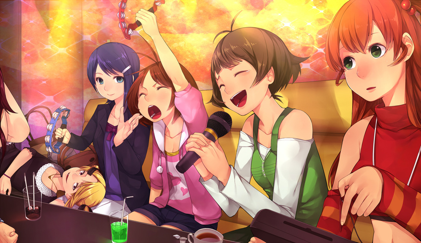 5girls akizuki_ryou anger_vein antenna_hair arm_up bare_shoulders blonde_hair blue_eyes blue_hair bow brown_hair closed_eyes crossdressing detached_sleeves drink drinking_straw green_eyes hair_bobbles hair_ornament hairclip hidaka_ai highres hitoto idolmaster idolmaster_dearly_stars instrument karaoke lap_pillow microphone mizutani_eri multiple_girls music open_mouth otoko_no_ko ozaki_reiko red_hair sakurai_yumeko short_hair singing smile striped suzuki_ayane tambourine tears