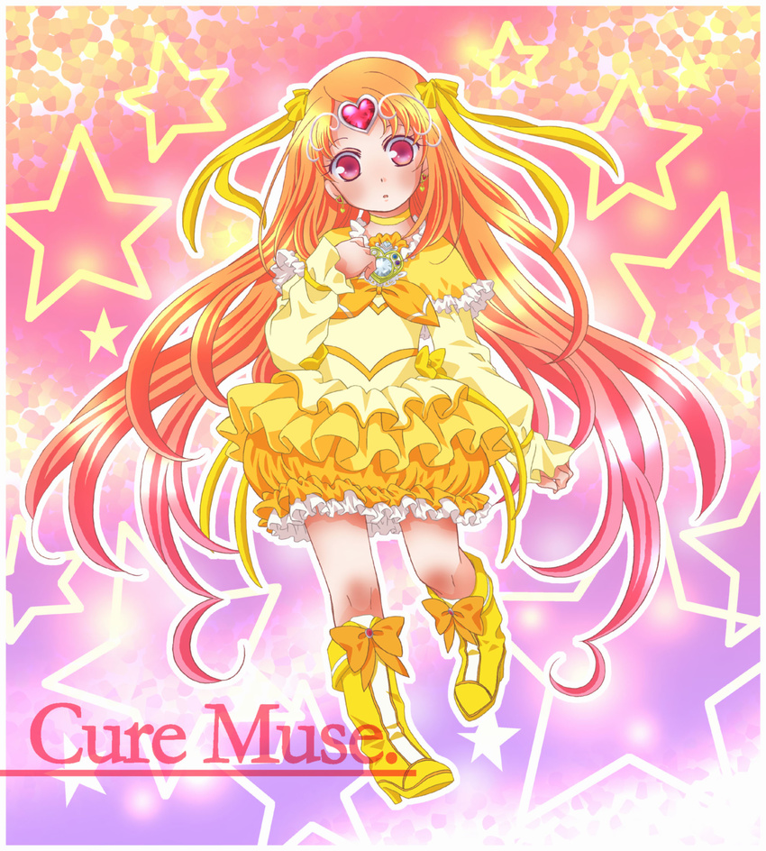 boots bow brooch character_name choker circlet cure_muse_(yellow) dress frills gradient gradient_background hair_ribbon heart highres jewelry long_hair magical_girl orange_hair parara_kerusu pink_background precure purple_background red_eyes ribbon shirabe_ako solo star starry_background suite_precure yellow_dress