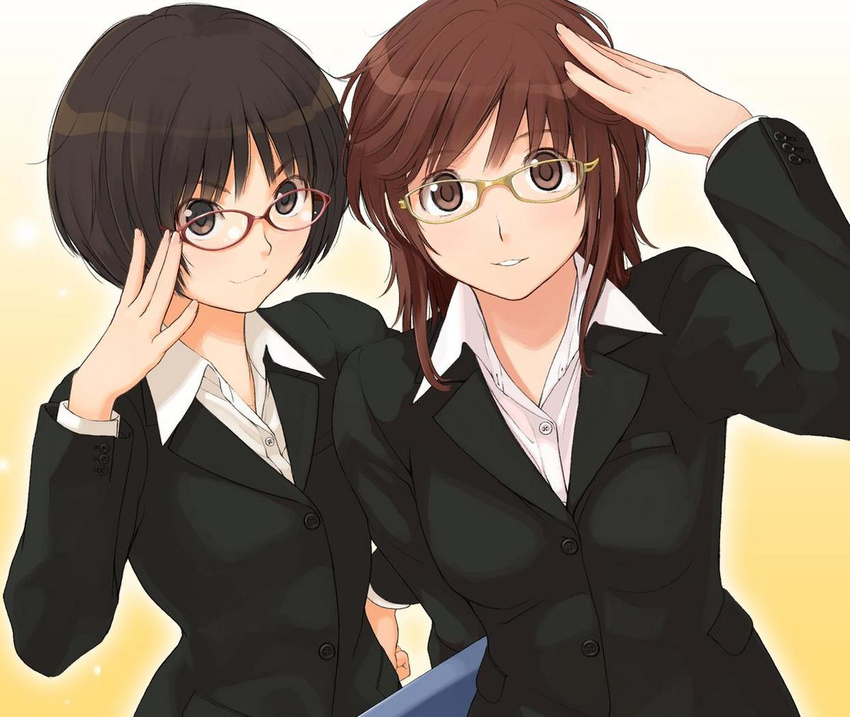 :3 adjusting_eyewear amagami bespectacled black_hair brown_eyes brown_hair formal glasses jpeg_artifacts multiple_girls official_art red-framed_eyewear sakurai_rihoko short_hair suit tachibana_miya takayama_kisai teacher yellow-framed_eyewear