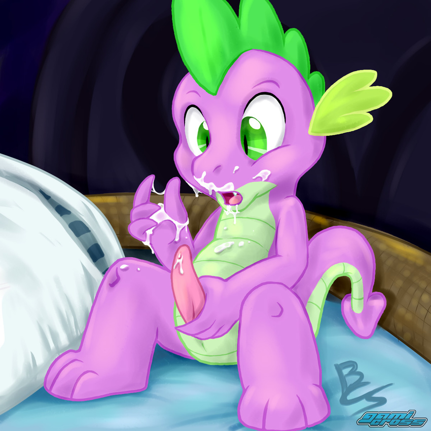 cum cum_on_chest cum_on_face cum_on_hand dragon friendship_is_magic gamicross green_eyes male masturbation my_little_pony penis pillow purple_body scalie self-facial solo spike_(mlp) spines