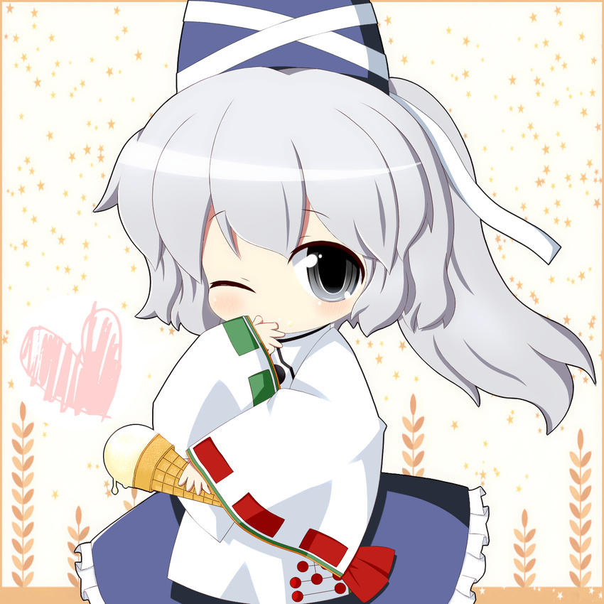 bad_id bad_pixiv_id blush cocozasa covering_mouth food grey_eyes grey_hair hat heart highres ice_cream japanese_clothes mononobe_no_futo one_eye_closed ponytail ribbon short_hair smile solo star tate_eboshi touhou