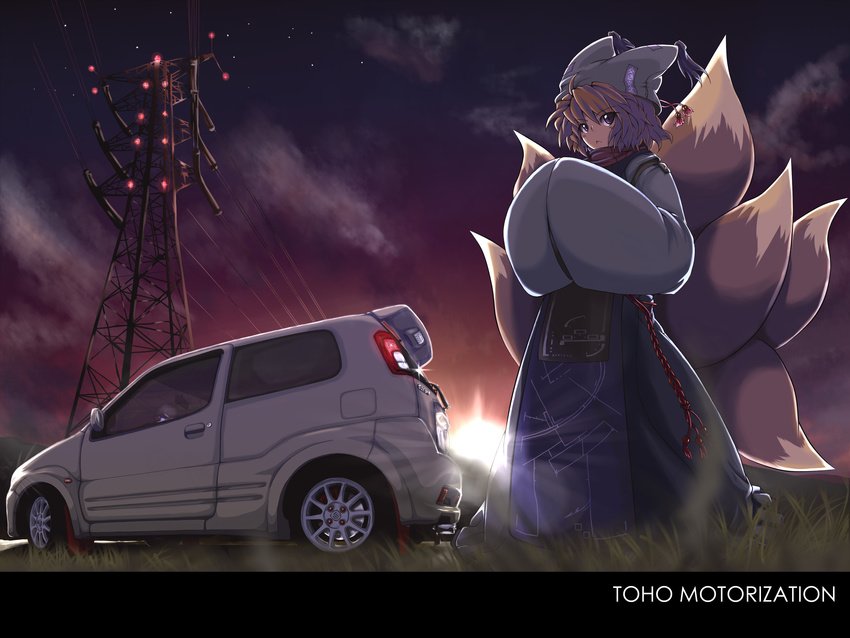 :&lt; absurdres blonde_hair brown_eyes car cloud contemporary fox_tail grass ground_vehicle hands_in_opposite_sleeves hat hayate-s highres motor_vehicle multiple_tails outdoors power_lines short_hair solo star_(sky) sun suzuki_(company) tail touhou yakumo_ran