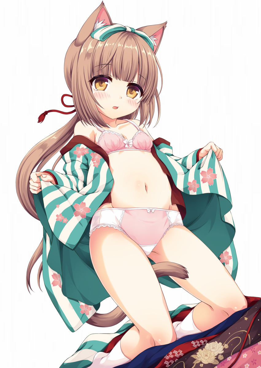 1girl animal_ear_fluff animal_ears bangs bare_shoulders between_legs blush bow bow_bra bow_panties bra breasts brown_eyes brown_hair cat_ears cat_girl cat_tail collarbone commentary_request dutch_angle eyebrows_visible_through_hair fingernails floral_print green_bow green_kimono hair_bow highres idolmaster idolmaster_cinderella_girls japanese_clothes kemonomimi_mode kimono kneeling long_hair long_sleeves looking_at_viewer low_ponytail navel no_shoes off_shoulder open_clothes open_kimono panties parted_lips pink_bra pink_panties ponytail print_kimono sakuraba_hikaru_(loveindog) sidelocks simple_background sleeves_past_wrists small_breasts socks solo striped striped_bow tail tail_between_legs underwear vertical-striped_kimono vertical_stripes very_long_hair white_background white_legwear yorita_yoshino