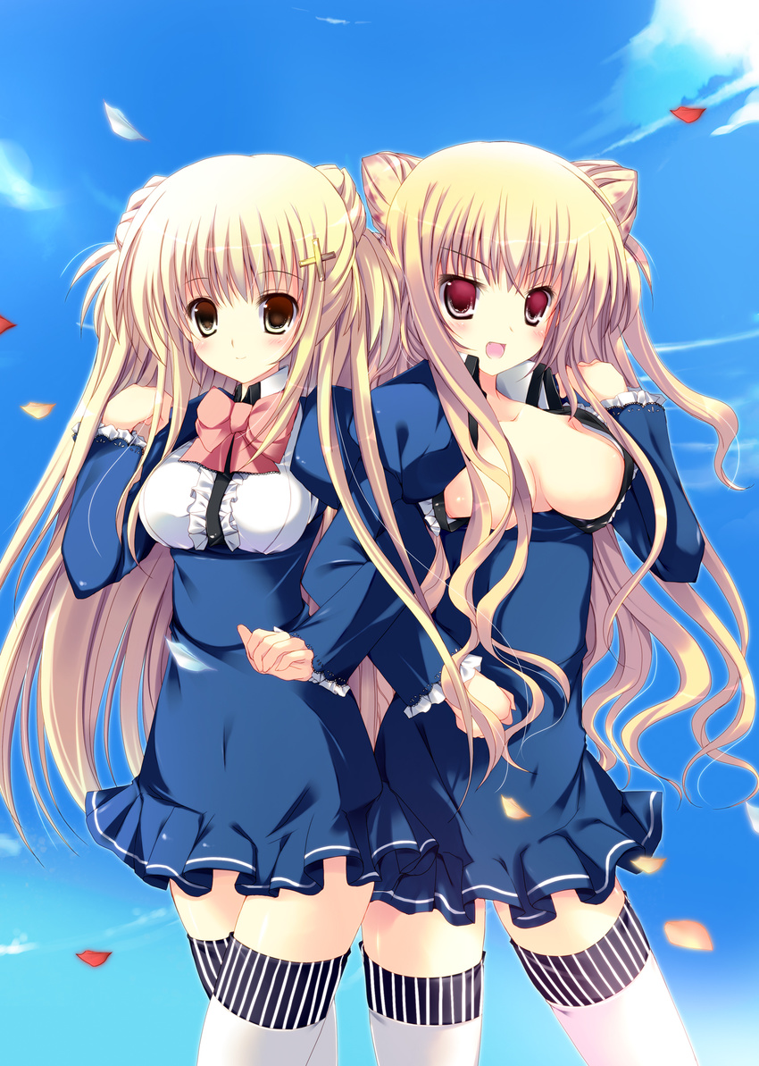 :d blonde_hair blush bow breasts brown_hair character_request cloud crossed_legs double_bun fang hair_ornament hairclip highres large_breasts leaf locked_arms long_hair looking_at_viewer masa_ni_hyouhen!?_ojou-sama mizusawa_mimori multiple_girls no_bra official_art open_mouth petals red_eyes sky smile standing thighhighs twintails white_legwear zettai_ryouiki