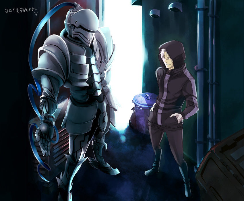 armor bad_id bad_pixiv_id berserker_(fate/zero) fate/zero fate_(series) full_armor hood hoodie knight male_focus matou_kariya multiple_boys trash_can white_hair yamato_(f&amp;m)