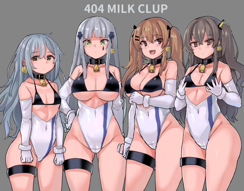 404_(girls_frontline) 4girls bangs barefoot bdsm bell bell_collar bikini bikini_top black_bikini blunt_bangs blush breasts brown_eyes brown_hair cleavage collar collarbone covered_navel cow_bell cowboy_shot detached_sleeves ear_tag elbow_gloves g11_(girls_frontline) girls_frontline gloves green_eyes grey_background grey_hair hair_ornament highleg highleg_leotard hk416_(girls_frontline) justeeeeth large_breasts leotard long_hair looking_at_viewer md5_mismatch medium_breasts multiple_girls one_side_up open_mouth red_eyes self_fondle simple_background slave small_breasts smile standing swimsuit twintails ump45_(girls_frontline) ump9_(girls_frontline) underboob