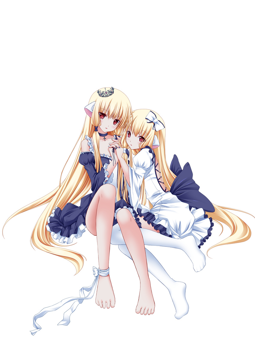 absurdres ankle_ribbon anklet barefoot blonde_hair bow chii chobits choker collarbone colorized dress freya_(chobits) full_body hair_bow hair_ornament highres holding_hands interlocked_fingers jewelry long_hair looking_at_viewer multiple_girls nail_polish nana_mikoto red_eyes ribbon robot_ears siblings sisters thighhighs transparent_background very_long_hair wata_(akawata) white_legwear
