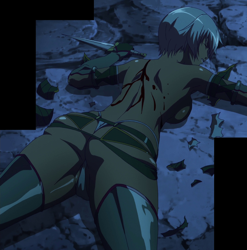 1girl ass blood blue_hair dagger highres injury irma laying_down lying panties queen's_blade queen's_blade short_hair solo underwear weapon