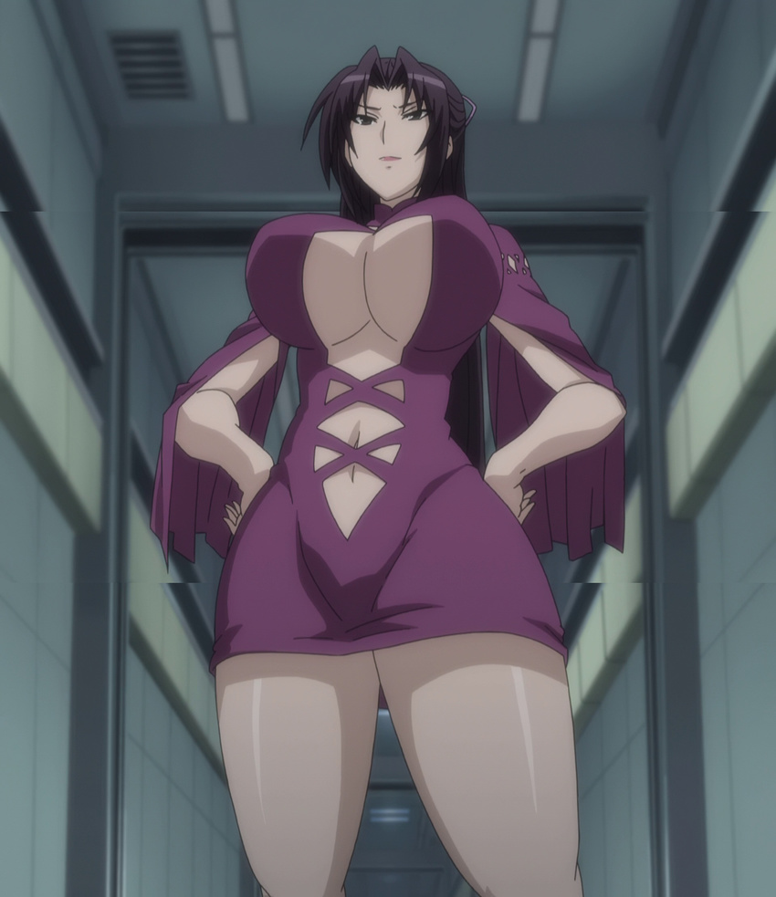 1girl breasts dress highres kazehana large_breasts long_hair pink_dress purple_hair screencap sekirei short_dress solo underboob