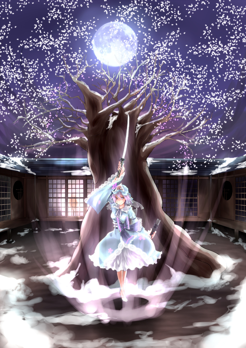 barefoot breasts cherry_blossoms full_moon hat highres japanese_clothes katana medium_breasts moon night obi petals pink_hair saigyou_ayakashi saigyouji_yuyuko saraki sash short_hair smile snow solo sword touhou tree triangular_headpiece weapon yellow_eyes