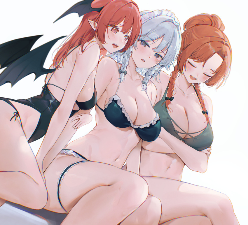 3girls alternate_costume alternate_hairstyle arm_hug bikini black_bikini black_bow blue_bikini blush bow braid breasts cleavage closed_eyes commentary_request crossed_arms crossed_legs demon_wings facing_viewer frilled_thigh_strap green_bikini grey_hair hair_bow hair_bun head_wings highres hong_meiling izayoi_sakuya koakuma large_breasts long_hair maid_headdress multiple_girls navel no_headwear open_mouth pointy_ears red_eyes red_hair sarukana simple_background smile swimsuit thigh_strap touhou twin_braids white_background wings
