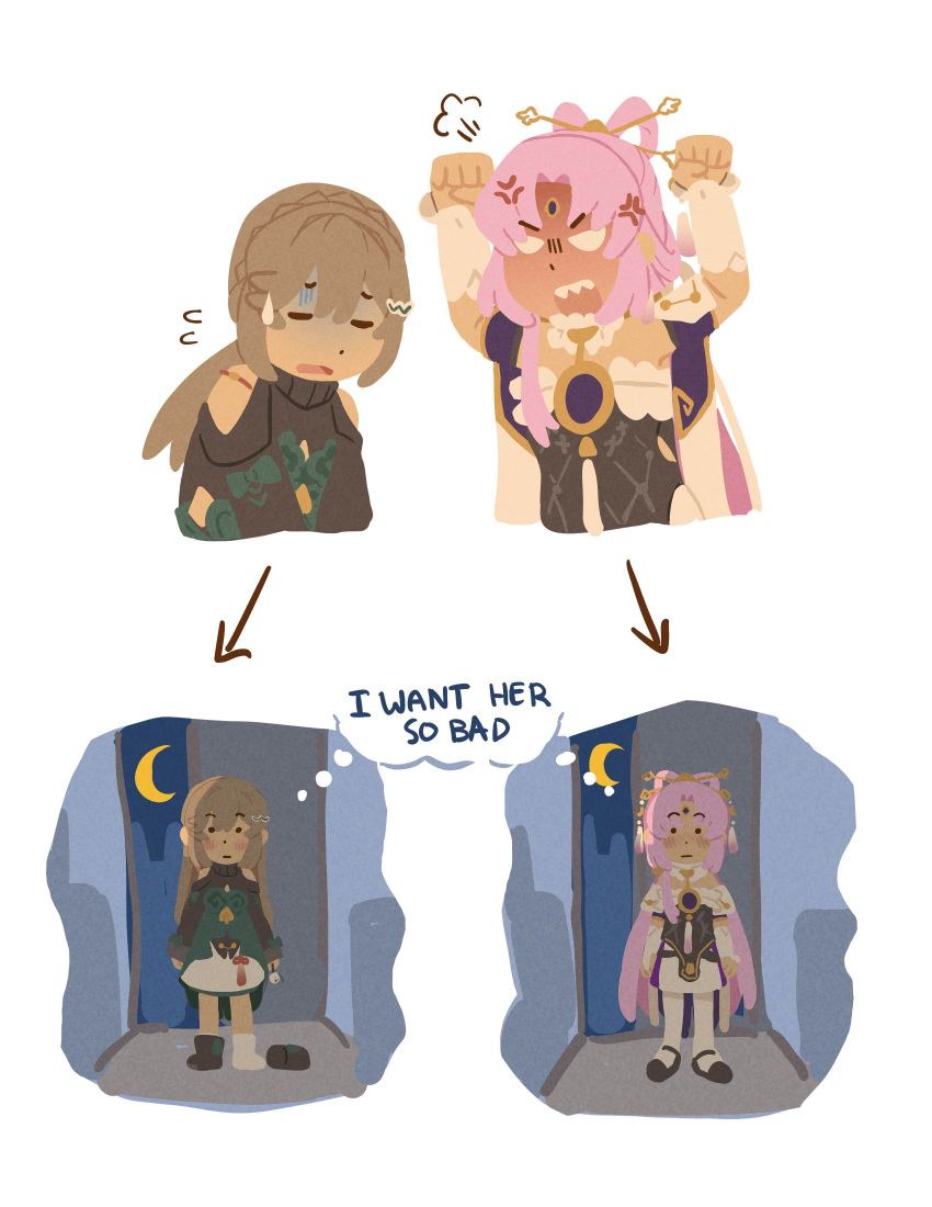 2girls absurdres anger_vein bare_shoulders black_shirt closed_eyes crescent dress english_commentary english_text fu_xuan_(honkai:_star_rail) grey_hair highres honkai:_star_rail honkai_(series) layered_dress long_hair multiple_girls nonnormalguy off_shoulder pink_hair shaded_face sharp_teeth shirt shouting skirt tagme teeth white_arm_warmers white_skirt yao_guang_(honkai:_star_rail) yuri