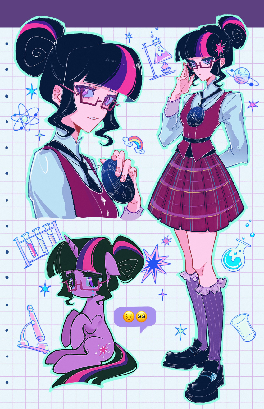 1girl absurdres adjusting_eyewear alternate_skin_color amulet animalization arm_behind_back beaker black_hair black_necktie black_shoes blue_outline blunt_bangs bunsen_burner chanyue chinese_commentary closed_mouth commentary_request crying crying_with_eyes_open crystal_prep_academy_school_uniform cutie_mark emoji frilled_socks frills full_body glasses grid_background hair_bun highres kneehighs loafers long_sleeves looking_at_viewer microscope multicolored_hair multiple_views my_little_pony my_little_pony:_equestria_girls my_little_pony:_friendship_is_magic necktie outline parted_lips person_and_animalization pink-framed_eyewear pink_streaks pinstripe_socks plaid_clothes plaid_skirt pleading_face_emoji pleated_skirt purple_eyes purple_skirt purple_socks purple_streaks purple_vest rainbow school_uniform sci-twi semi-rimless_eyewear serious shirt shoes sidelocks simple_background sitting skirt socks sparkle speech_bubble standing streaked_hair striped_clothes striped_socks tears twilight_sparkle under-rim_eyewear unicorn vertical-striped_clothes vertical-striped_socks vest white_background white_shirt