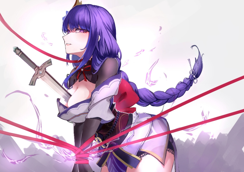 1girl back_bow bdsm bent_over blunt_bangs blush bondage bound bow braid breasts bridal_gauntlets cleavage commentary drawing_sword electricity genshin_impact hair_ornament hair_ribbon holding holding_sword holding_weapon human_scabbard japanese_clothes kimono large_breasts leaning_forward lingerie long_braid manchengdoushiyaolanmi neck_ribbon off_shoulder parted_lips purple_eyes purple_hair purple_kimono purple_ribbon raiden_shogun red_ribbon red_sash restrained ribbon sash sheath single_braid solo sword sword_between_breasts thighs underwear weapon