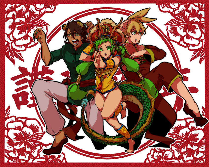 2boys alternate_hairstyle animal_ears antlers barefoot barnaby_brooks_jr blonde_hair brown_eyes brown_hair bunny_ears chinese_clothes dragon_kid facial_hair fighting_stance green_eyes green_hair hat huang_baoling kaburagi_t_kotetsu kemonomimi_mode leotard long_hair multiple_boys short_hair stubble thighs tiger_&amp;_bunny trafficlight twintails