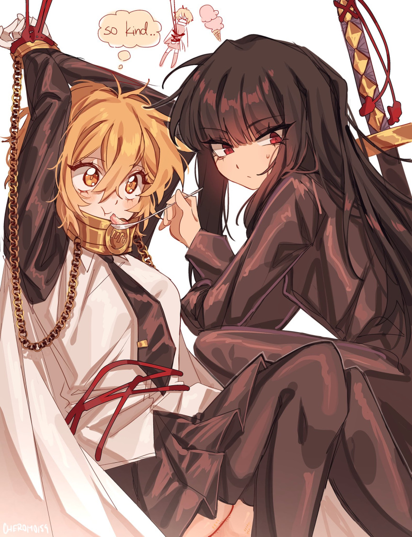 2girls arms_up artist_name black_hair black_jacket black_necktie black_pants black_skirt black_thighhighs bound bound_wrists breasts cape chain cheromo159 chewing closed_mouth collar collared_shirt commentary cuffs cuffs-to-collar don_quixote_(project_moon) english_text feeding food gold_chain gold_collar hair_between_eyes highres holding holding_spoon jacket limbus_company long_hair long_sleeves looking_at_another metal_collar multiple_girls necktie ootachi pants pleated_skirt project_moon red_eyes red_rope restrained rope ryoshu_(project_moon) shackles sheath sheathed shibari shirt short_hair simple_background skirt speech_bubble spoon sword sword_on_back thighhighs thought_bubble tie_clip weapon weapon_on_back white_background white_cape white_shirt
