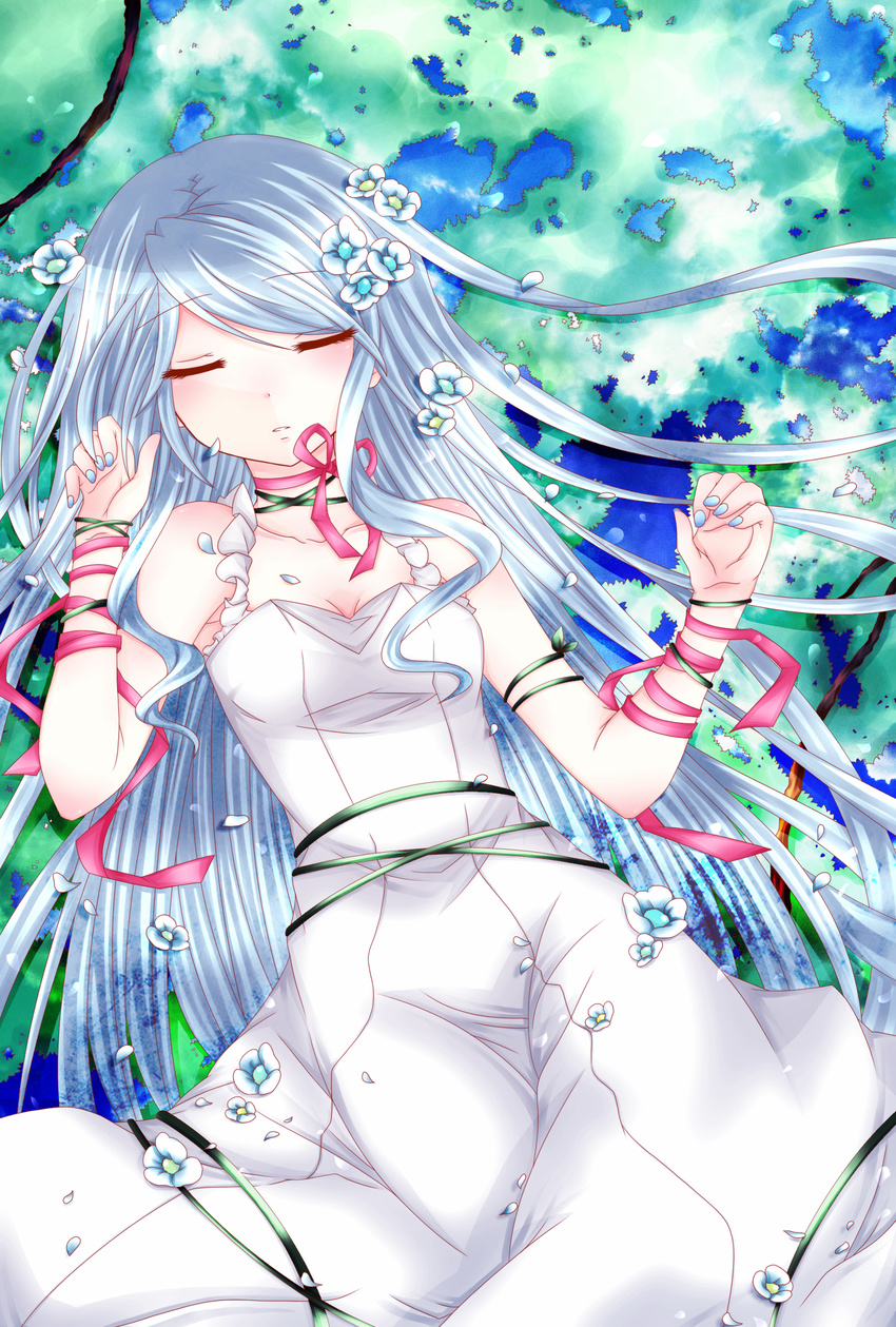 absurdres blue_hair closed_eyes flower highres long_hair original ribbon sleeping solo sorakase_sawa