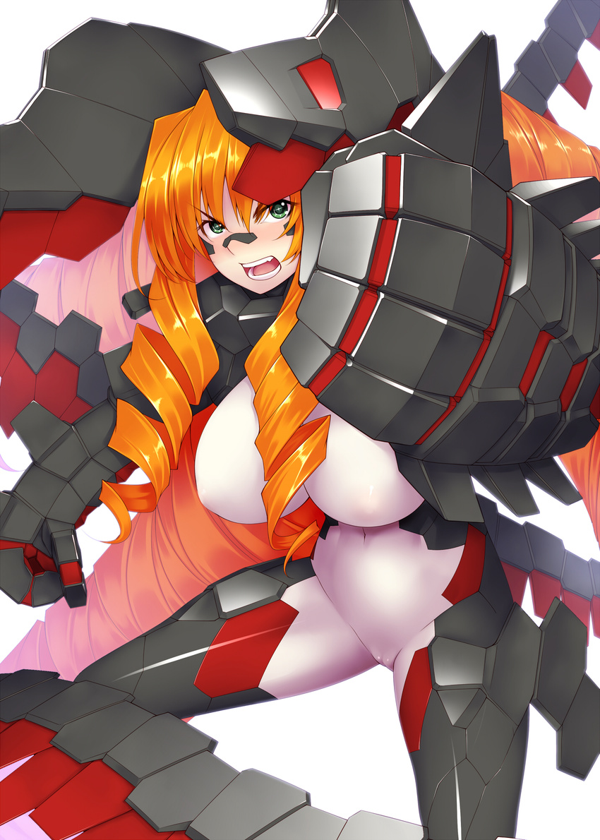 bodysuit breasts cameltoe drill_hair fang green_eyes highres huge_breasts long_hair looking_at_viewer mecha_musume navel open_mouth orange_hair original simple_background skin_tight solo symbol-shaped_pupils tro very_long_hair