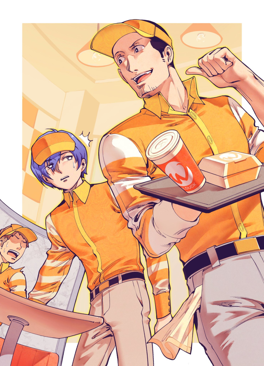 3boys ^^^ belt belt_buckle black_belt black_hair blue_hair brand_name_imitation brown_hair buckle buzz_cut chinese_commentary commentary_request employee_uniform faceless faceless_male facial_hair fast_food_uniform goatee_stubble hat highres holding holding_tray iori_junpei long_sleeves looking_at_another male_focus multiple_boys oldkin orange_hat orange_shirt pants persona persona_3 pointing pointing_at_self shirt short_hair sleeves_rolled_up striped_sleeves stubble tray very_short_hair visor_cap waiter white_pants yuuki_makoto_(persona_3)