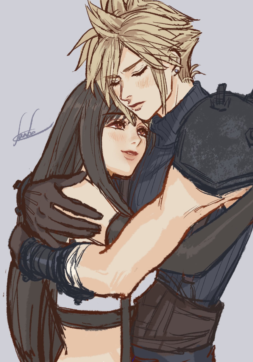 1boy 1girl armor arms_around_back bare_shoulders black_gloves black_hair blonde_hair blue_sweater blush brown_gloves closed_eyes cloud_strife couple crop_top earrings elbow_gloves eyelashes final_fantasy final_fantasy_vii final_fantasy_vii_remake gloves grey_background hand_on_another's_shoulder hetero highres hug jewelry kanbe_7777777 lips long_hair looking_at_another parted_lips red_eyes ribbed_sweater shoulder_armor signature simple_background spiked_hair stud_earrings suspenders sweater tank_top tifa_lockhart turtleneck turtleneck_sweater upper_body white_tank_top
