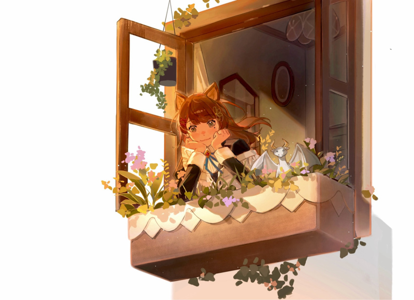 1girl :3 animal_ears apron bat_(animal) black_dress blue_ribbon brooch brown_eyes brown_hair brown_ribbon clenched_hands closed_mouth cocoa_(shinyshynii) collar commentary dress elbow_rest english_commentary floating_hair flower flower_pot flower_request frilled_apron frills from_below hair_ribbon hands_on_own_cheeks hands_on_own_face highres horns jewelry juliet_sleeves leaf light_rays long_hair long_sleeves looking_at_viewer looking_outside mole mole_under_eye neck_ribbon open_window original puffy_sleeves ribbon shinyshynii sidelighting simple_background smile swept_bangs upper_body white_apron white_background white_collar white_wrist_cuffs window windowsill wolf_ears wolf_girl wrist_cuffs