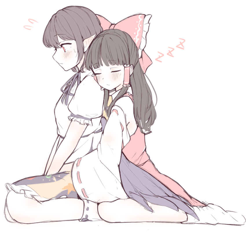 2girls ascot bird_wings black_hair black_wings blush bow closed_eyes closed_mouth commentary_request detached_sleeves flying_sweatdrops frilled_bow frilled_hair_tubes frills hair_bow hair_tubes hakurei_reimu hug hug_from_behind long_hair multiple_girls neck_ribbon pointy_ears puffy_short_sleeves puffy_sleeves red_bow red_eyes red_skirt ribbon ribbon-trimmed_sleeves ribbon_trim seele_(chanseele0128) shameimaru_aya short_hair short_sleeves simple_background sitting skirt skirt_set sleeping socks sweatdrop touhou white_background wings yellow_ascot yuri zzz