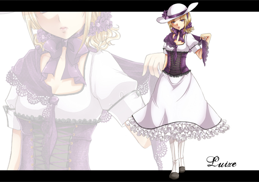 arm_behind_back bad_id bad_pixiv_id blonde_hair blue_eyes corset dress embellished_costume frills geike hat hat_ribbon letterboxed lips luize petticoat purple_eyes ribbon short_hair solo touhou touhou_(pc-98) zoom_layer