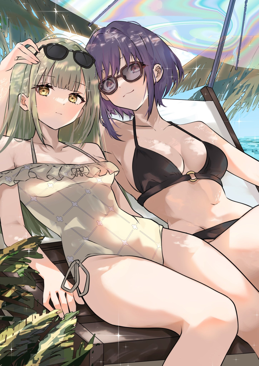 2girls arm_around_shoulder arm_up arms_at_sides bang_dream! bang_dream!_it's_mygo!!!!! bare_arms bare_shoulders beach_umbrella bikini black-framed_eyewear black_bikini blunt_bangs breasts brown-framed_eyewear casual_one-piece_swimsuit chair closed_mouth collarbone commentary_request cowboy_shot day eyewear_on_head frilled_one-piece_swimsuit frills green_hair groin halterneck hand_on_another's_head heads_together highres horizon houji_tea_latte long_hair looking_at_viewer lounge_chair medium_breasts multiple_girls navel o-ring o-ring_bikini o-ring_top ocean on_chair one-piece_swimsuit orange_eyes outdoors palm_tree plant purple_hair reclining short_hair side-by-side side-tie_one-piece_swimsuit simple_background sparkle stomach sunglasses swimsuit transparent transparent_umbrella tree tree_shade umbrella wakaba_mutsumi water yellow_eyes yuutenji_nyamu