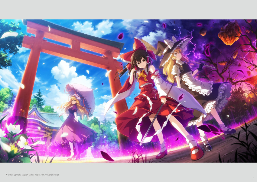 3girls apron architecture ascot bare_tree black_gloves black_hat black_shoes black_vest blonde_hair blue_sky bow braid broom brown_hair closed_mouth cloud cloudy_sky detached_sleeves dress east_asian_architecture elbow_gloves falling_petals floating_rock flower frilled_bow frilled_hair_tubes frills gloves gohei grass hair_tubes hakurei_reimu hakurei_shrine hat hat_bow high_heels highres holding holding_broom holding_gohei holding_umbrella kirisame_marisa letterboxed lightning long_hair long_sleeves mob_cap multiple_girls official_art outdoors petals puffy_short_sleeves puffy_sleeves purple_dress purple_eyes purple_sky red_bow red_eyes red_shoes red_skirt shoes short_sleeves shrine side_braid single_braid skirt sky smile socks standing third-party_source torii touhou touhou_danmaku_kagura tree umbrella very_long_hair vest waist_apron white_apron white_bow white_flower white_gloves white_sleeves white_socks wide_sleeves witch_hat yakumo_yukari yellow_ascot yellow_eyes yuki_(popopo)