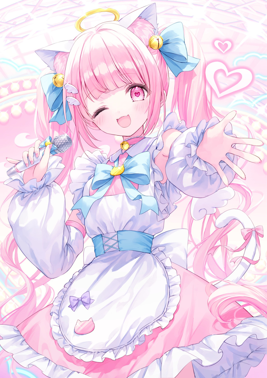 1girl ;d absurdres animal_ear_fluff animal_ears animal_print apron artist_request bell belt blue_belt blue_bow blue_bowtie blunt_bangs bow bowtie cat_ears cat_girl cat_print cat_tail commentary_request cowboy_shot detached_sleeves dress fangs frilled_apron frilled_sleeves frills hair_bow hair_ornament halo hands_up heart heart-shaped_pupils highres holding holding_microphone indie_virtual_youtuber jingle_bell looking_at_viewer microphone nail_polish neck_bell nekone_ramu one_eye_closed pink_dress pink_eyes pink_hair pink_nails purple_bow reaching reaching_towards_viewer second-party_source smile solo symbol-shaped_pupils tail tail_bow tail_ornament twintails white_apron yellow_halo