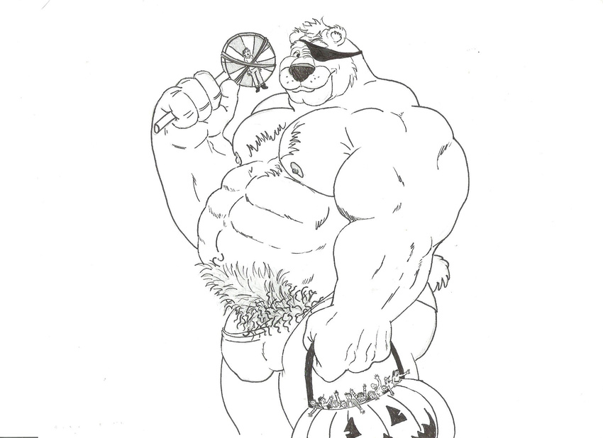 black_and_white bulge candy chubby eye_patch eyewear gay human jack_o'_lantern macro male mammal micro monochrome musclegut muscles nipples pubes pumpkin size_difference smug thong unknown_artist vore what