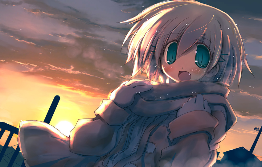 blonde_hair blush fang green_eyes hair_ornament hairclip open_mouth original sakaki_(noi-gren) scarf short_hair solo sunset