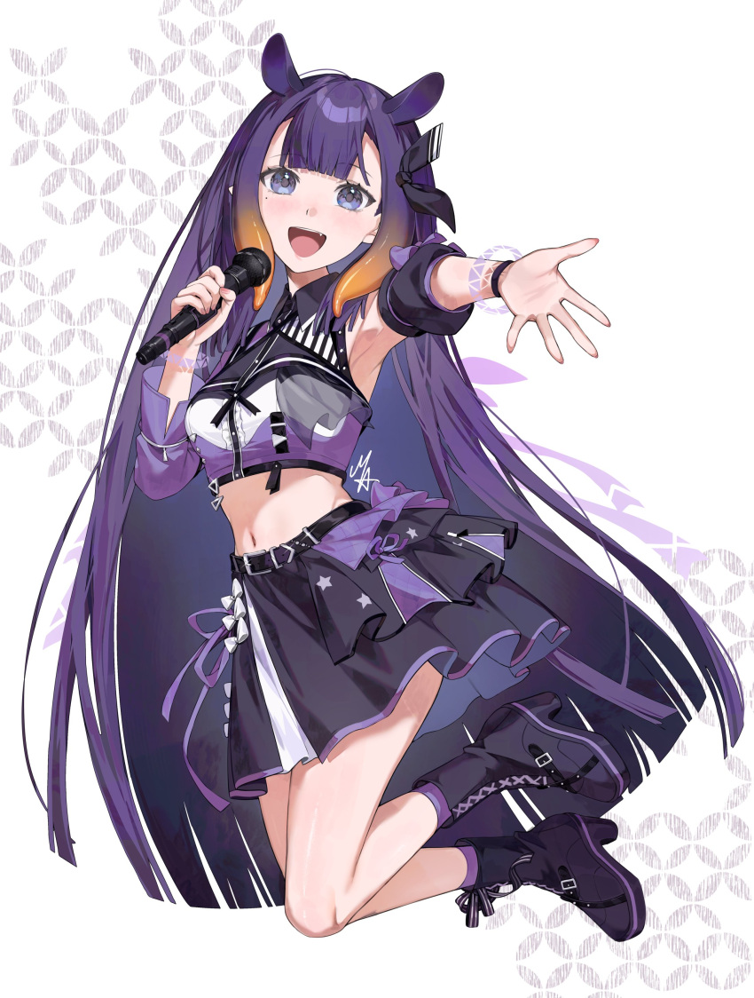 1girl :d absurdres ani_019 armpits asymmetrical_sleeves belt black_belt black_boots black_ribbon black_skirt black_sleeves blue_eyes blunt_bangs boots center-flap_bangs center_frills collared_shirt commentary cropped_shirt detached_sleeves english_commentary fang frills full_body gradient_hair hair_ribbon high_heel_boots high_heels highres holding holding_microphone hololive hololive_english hololive_idol_uniform_(color_rise) idol_clothes lace-up_boots long_hair looking_at_viewer microphone midriff miniskirt mismatched_sleeves mole mole_under_eye multicolored_hair navel ninomae_ina'nis official_alternate_costume open_mouth orange_hair outstretched_arm pointy_ears puffy_detached_sleeves puffy_short_sleeves puffy_sleeves purple_hair purple_shirt ribbon shirt short_sleeves sidelocks single_detached_sleeve single_sleeve skirt smile solo straight_hair teeth tentacle_hair upper_teeth_only very_long_hair virtual_youtuber