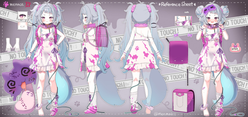 1girl @_@ absurdres anger_vein ayaoshiro backpack bag bandaid bandaids_on_nipples blue_hair blush caution_tape character_name closed_mouth collar covered_navel double_bun dress grey_hair hair_bun hair_ornament hair_scrunchie highres indie_virtual_youtuber leash menace_mamaki multicolored_hair multiple_views official_alternate_hairstyle open_mouth paint_splatter pasties paw_print pink_bag pink_collar pink_nails pink_scrunchie purple_eyes randoseru reference_sheet scrunchie second-party_source single_loose_sock strap_slip streaked_hair tail teeth twintails twitter_username upper_teeth_only virtual_youtuber white_dress