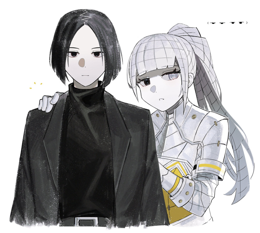 1boy 1girl albina_(project_moon) armor asdf1211950 belt black_belt black_coat black_eyes black_hair black_sweater blunt_bangs breastplate closed_mouth coat colored_skin commentary emoticon grid hand_on_another's_shoulder heterochromia highres kaomoji limbus_company long_hair looking_at_viewer looking_to_the_side medium_hair open_clothes open_coat parted_bangs parted_lips patterned_hair pauldrons ponytail project_moon ren_(project_moon) short_hair shoulder_armor sidelocks simple_background sweater sweater_tucked_in turtleneck turtleneck_sweater upper_body white_background white_eyes white_skin